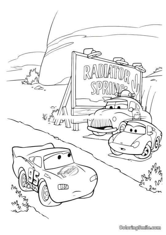 Coches en la entrada de la ciudad - Página para Colorear