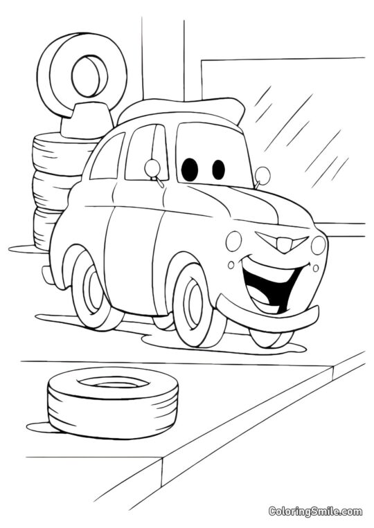 Coches en la tienda de llantas - Página para Colorear