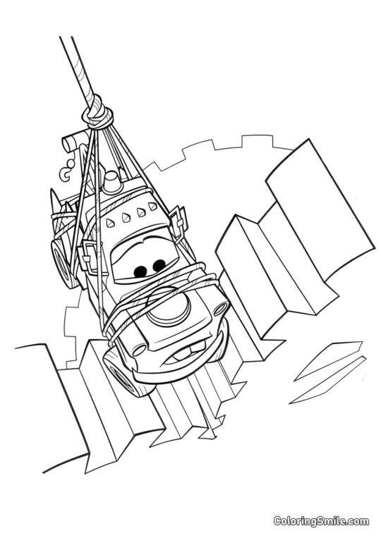 Mater colgando de una cuerda entre engranajes - Página para Colorear