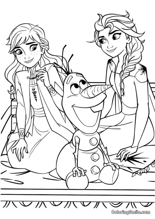 Anna, Elsa y Olaf en un picnic - Página para Colorear
