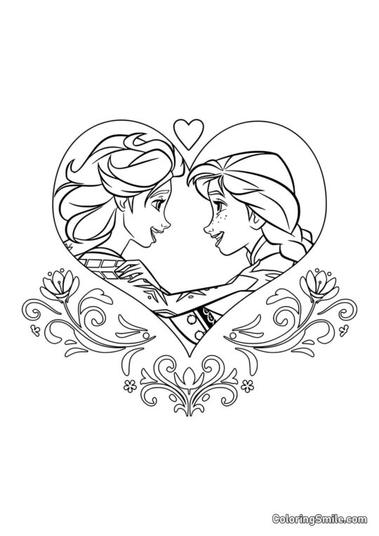 Anna y Elsa en un corazón - Página para Colorear