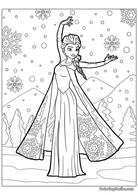 Elsa en las montañas nevadas - Página para Colorear
