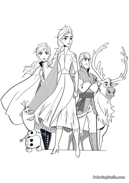 Elsa, Anna, Kristoff, Sven y Olaf - Página para Colorear