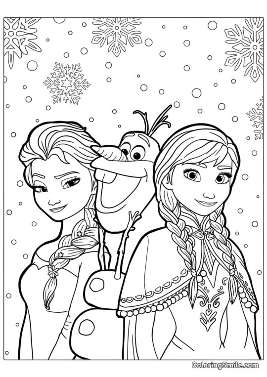 Elsa, Anna y Olaf - Página para Colorear
