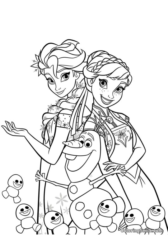 Elsa, Anna, Olaf y muñecos de nieve - Página para Colorear