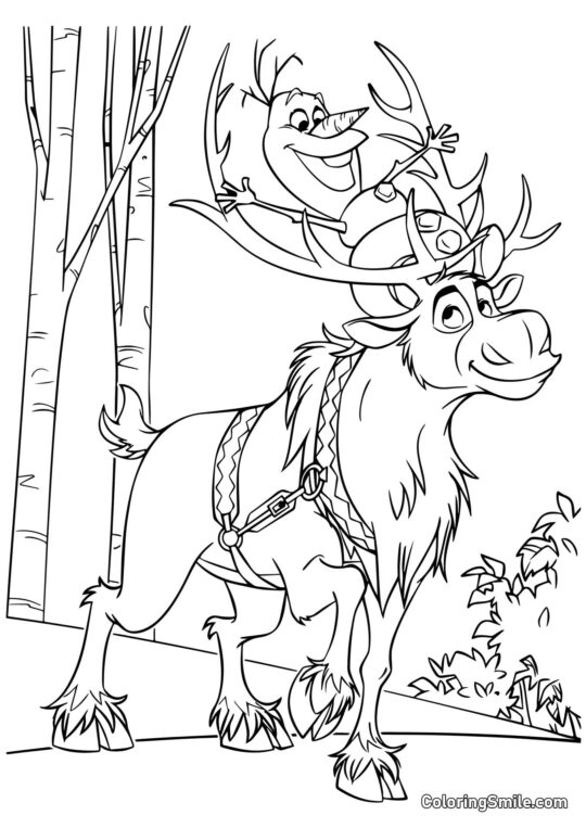 Olaf y Sven en el bosque - Página para Colorear