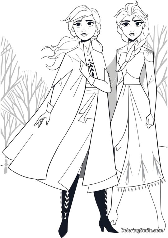 Hermanas Anna y Elsa - Página para Colorear