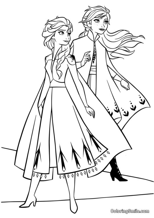 Anna y Elsa en el camino hacia el Bosque Encantado - Página para Colorear