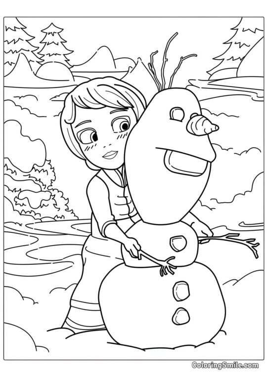 Chica Elsa haciendo un muñeco de nieve - Página para Colorear