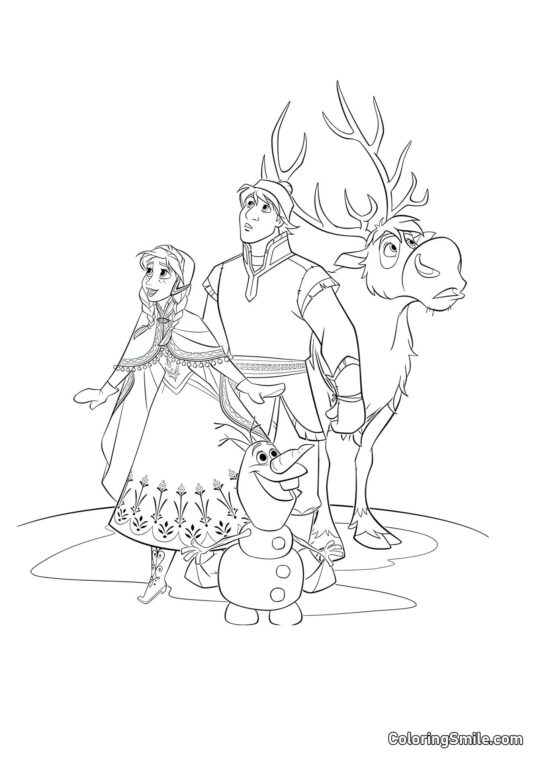 Anna, Kristoff y Sven, Olaf - Página para Colorear