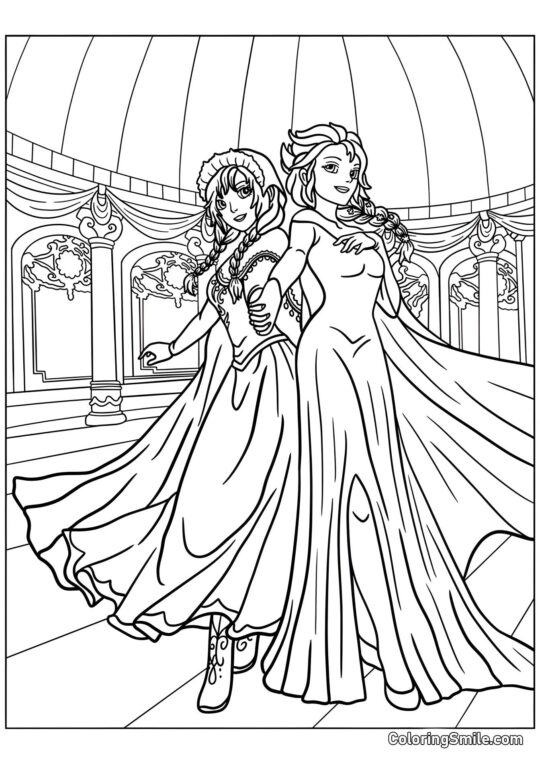 Anna y Elsa en el baile - Página para Colorear