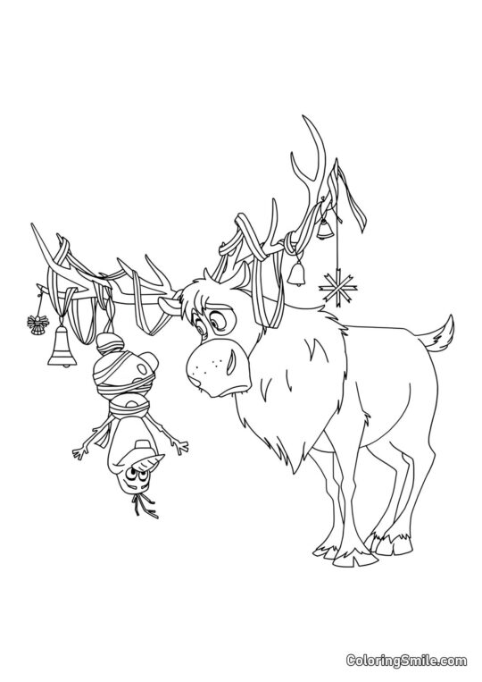 Olaf cuelga de los cuernos de Sven - Página para Colorear