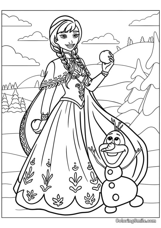 Anna de Frozen 2 con una bola de nieve y Olaf - Página para Colorear